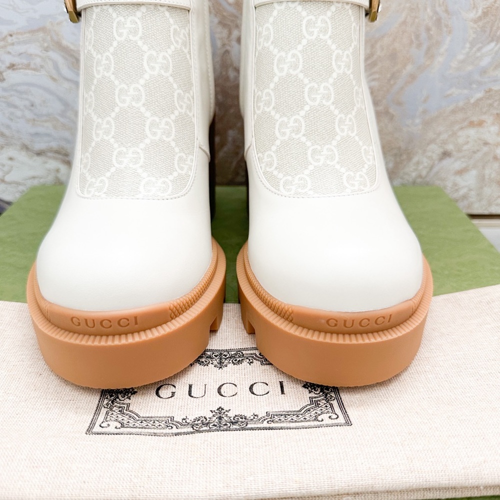 New! Gucci Kensington GG Supreme Monogram  Double Buckle Leather Ankle Boots - Picture 3 of 11